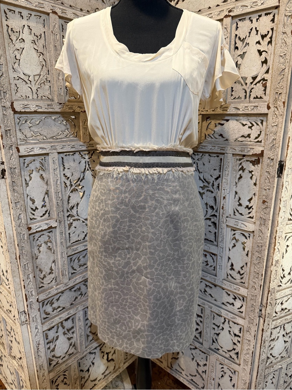 Rebecca Taylor Cream Blouse with Gray Patterned Skirt